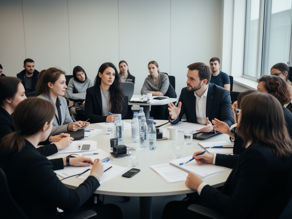 Небольшая аудитория с круглым столом, участники образовательной программы обсуждают материалы с преподавателем, профессиональная обстановка