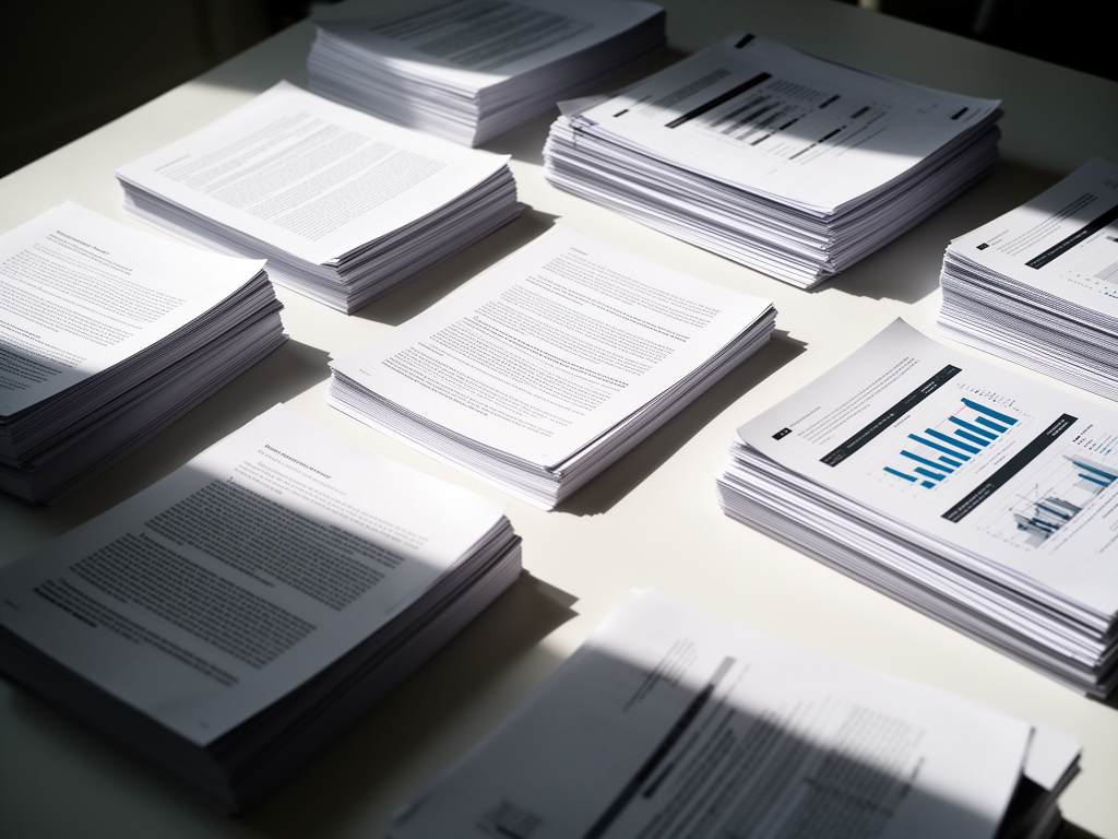 Стопки распечатанных документов и аналитических отчётов на рабочем столе журналиста, вид сверху