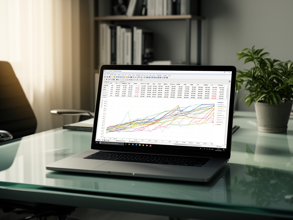 Экран ноутбука с открытой программой анализа данных, таблицы и графики, офисное рабочее пространство