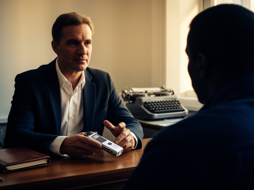 Журналист берёт интервью, держит диктофон, собеседник — источник в полутени, концептуальная журналистская сцена