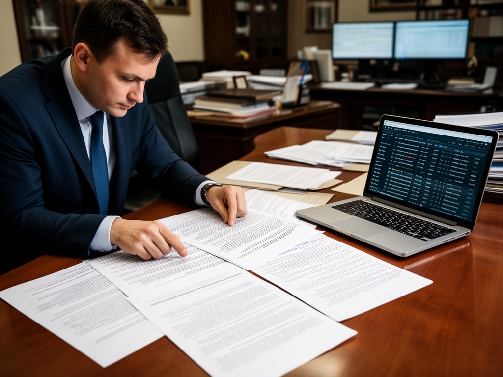 Стопка распечатанных государственных документов с редакторскими пометками, рядом открытый ноутбук с сайтом FOIA.gov, рабочий стол журналиста-расследователя