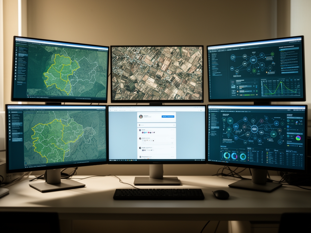 Рабочий стол аналитика с несколькими мониторами, на экранах открыты карты, архивные снимки спутника, интерфейс поиска по социальным сетям и инструменты OSINT-расследования