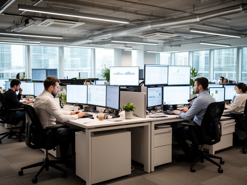 Современный редакционный офис с несколькими рабочими местами, журналисты работают за компьютерами, большие мониторы с графиками и текстами, открытое пространство