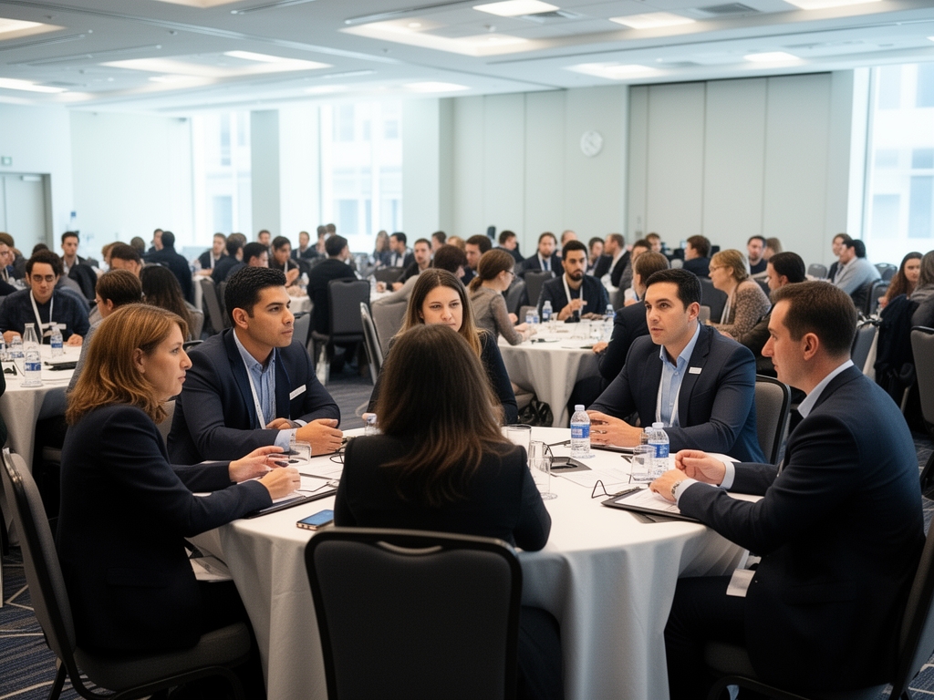 Профессиональная конференция по журналистике в Лос-Анджелесе: участники сидят за круглыми столами, обсуждение в небольших группах, светлый конференц-зал