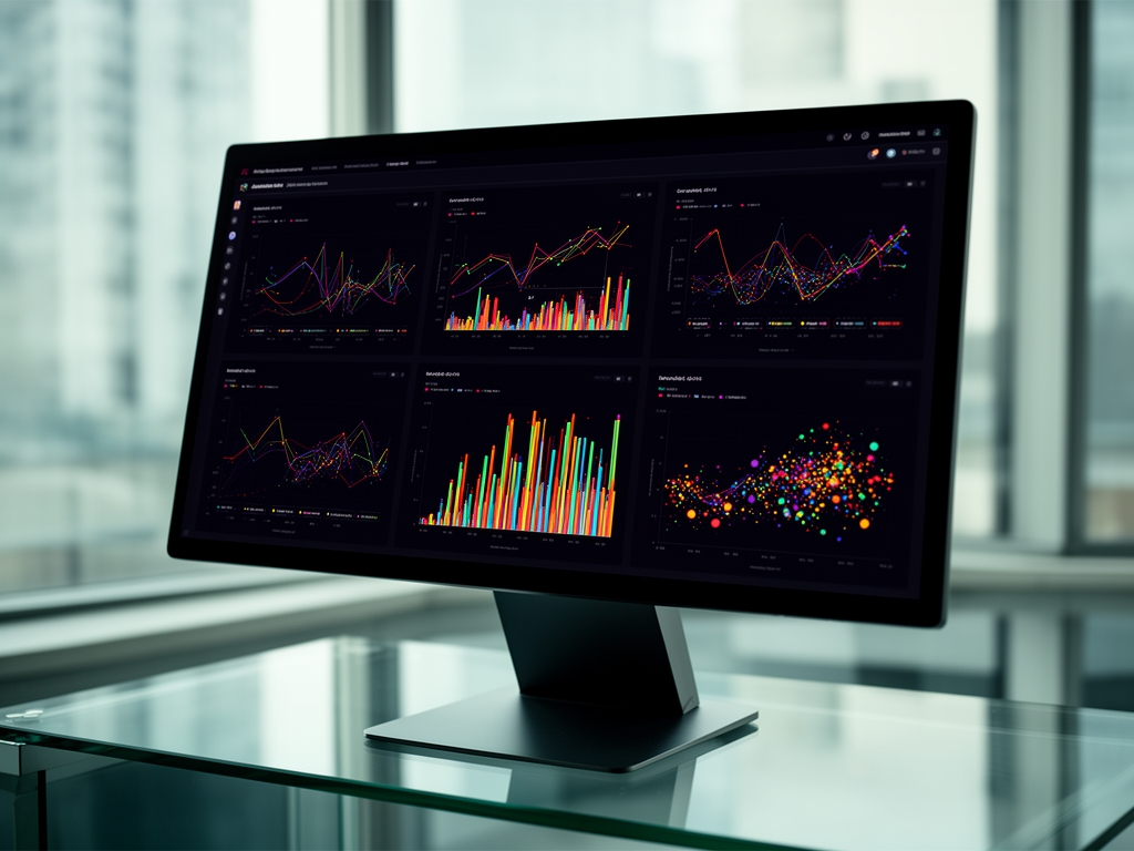 Экран монитора с открытой визуализацией данных — графики, диаграммы, таблицы с публичными данными, рука на мыши