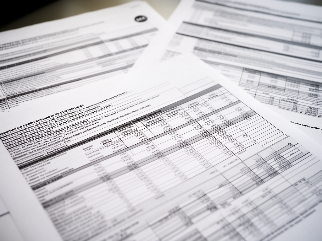 Финансовые отчёты и документы компании, распечатанные таблицы с цифрами, маркировки и пометки ручкой, офисная обстановка