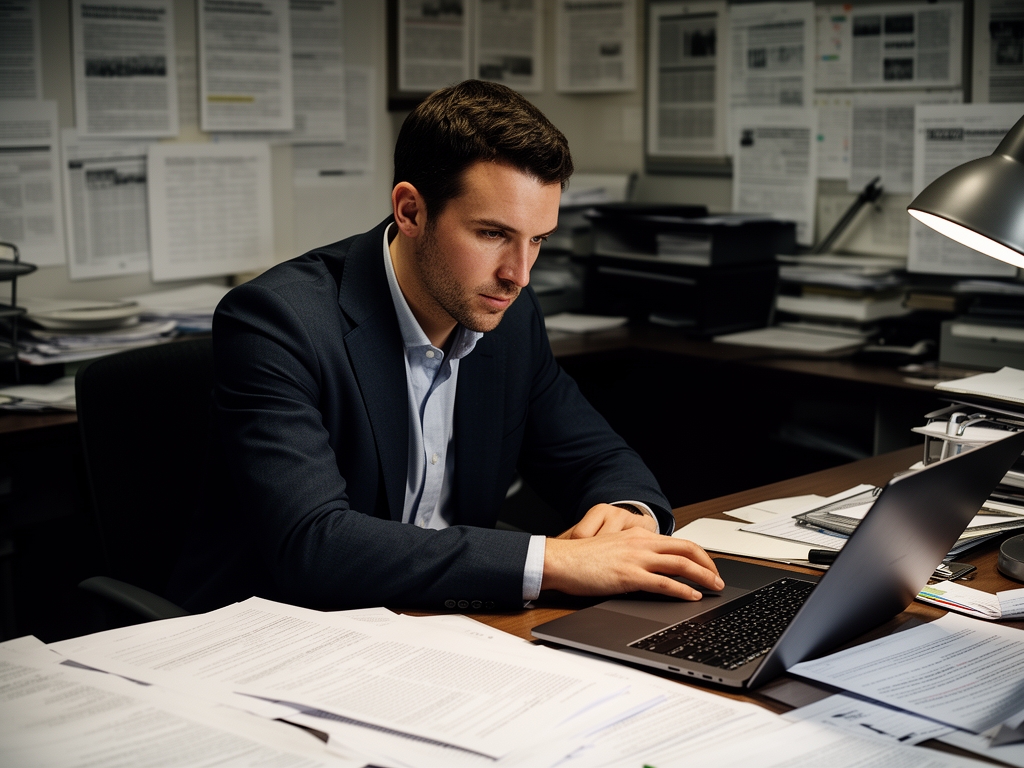Журналист изучает документы на рабочем столе, архивные папки, ноутбук с открытыми таблицами данных, профессиональная обстановка редакции