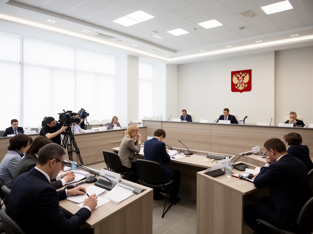 Зал заседаний городского совета или государственного органа, публичное слушание, журналисты делают заметки