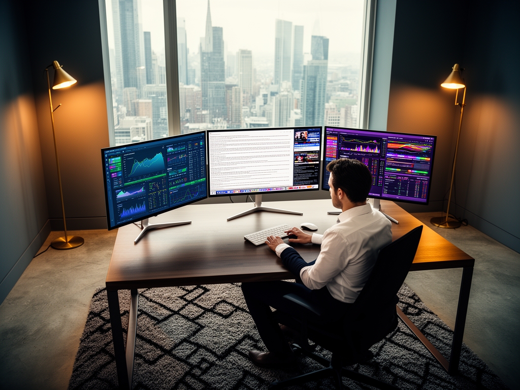 Журналист-аналитик работает за широким столом с несколькими мониторами, на экранах открыты аналитические дашборды и текстовые документы, мягкое рабочее освещение